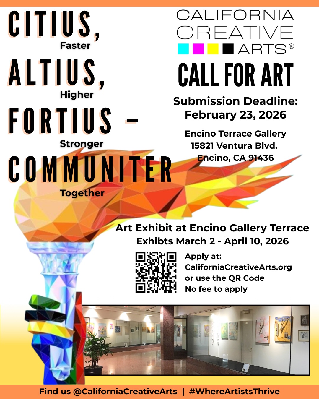 CALL FOR ART – “Citius, Altius, Fortius, Communiter” Art Exhibit at Encino Terrace Gallery