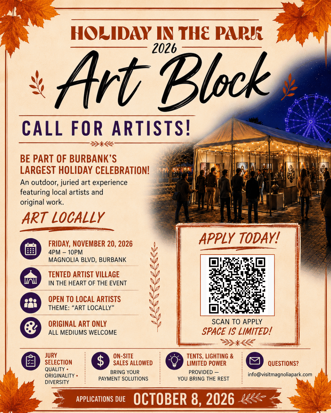 Call for Art (Holiday in the Park Art Block) Deadline Oct 8