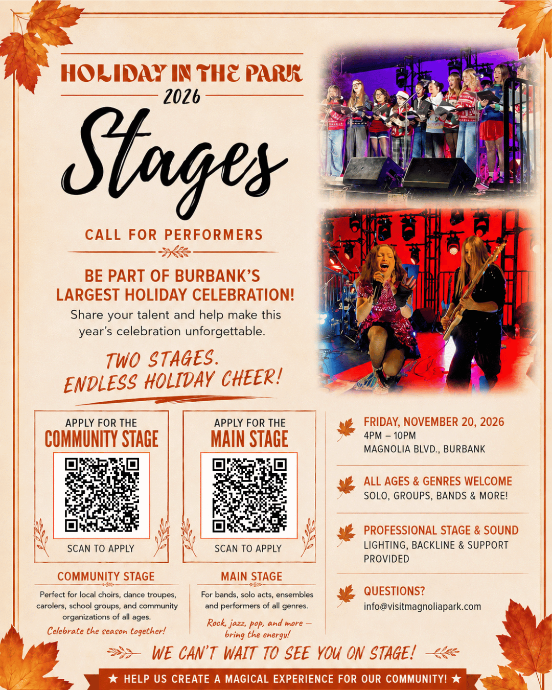 Call for Performers (Holiday in the Park Stages) Deadline Oct 8