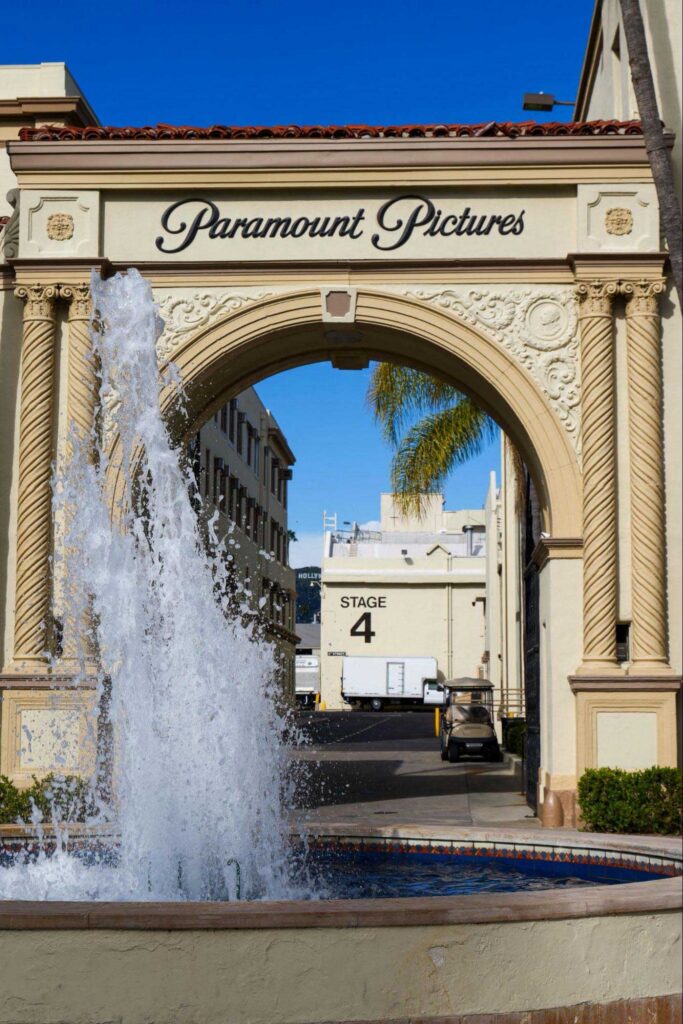 Paramount Pictures studio entrance with fountain in Los Angeles, California.